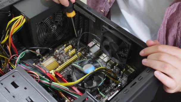 Tecnico che ripara il computer nel centro di assistenza, primo piano - Filmati, video