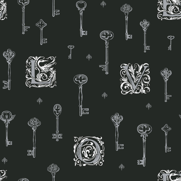 Seamless pattern on the theme of love with vintage keys and initial letters L O V E in retro style. Abstract vector background with hand-drawn illustrations. Wallpaper, wrapping paper, fabric - Vektör, Görsel
