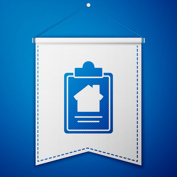 Blue House contract icon isolated on blue background. Contract creation service, document formation, application form composition. White pennant template. Vector Illustration. - Vector, Image