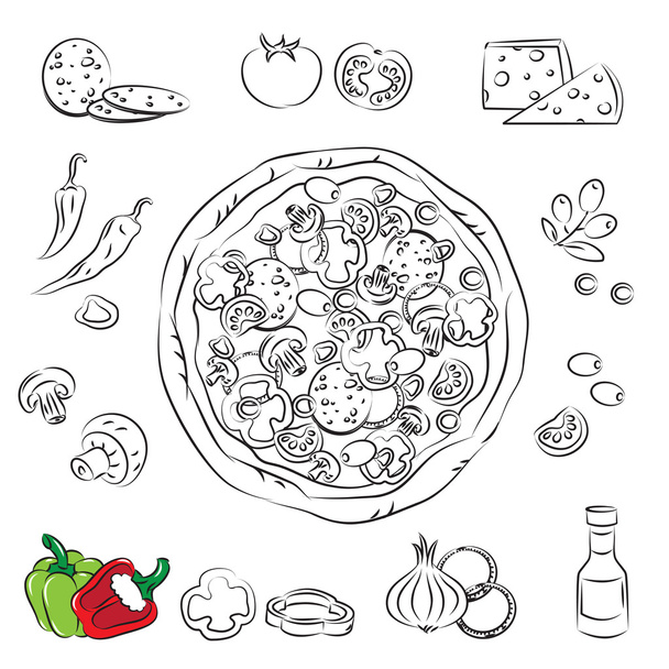 vector schets collectie van pizza en ingrediënt - Vector, afbeelding