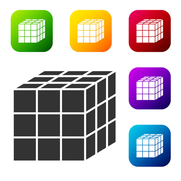 Ícone de cubo Rubik preto isolado no fundo branco. Brinquedo mecânico. Cubo de Rubik 3d combinação quebra-cabeça. Definir ícones em botões quadrados de cor. Vetor. - Vetor, Imagem