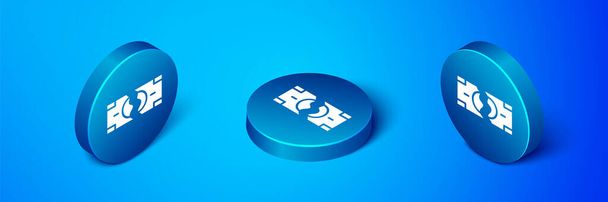 Isometric Tearing apart money banknote into two peaces icon isolated on blue background. Blue circle button. Vector. - Vector, Image