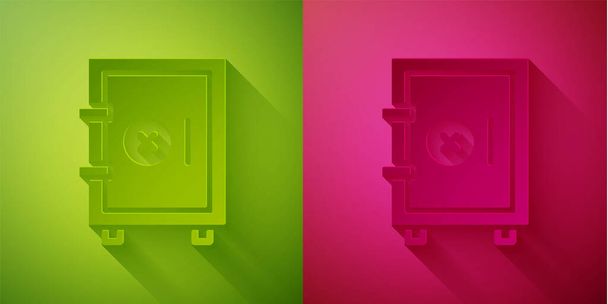 Paperi leikkaa Tallelokero eristetty vihreä ja vaaleanpunainen tausta. Ovessa on kassakaappi, jossa on yhdistelmälukko. Luotettava tietosuoja. Paperitaidetta. Vektori. - Vektori, kuva