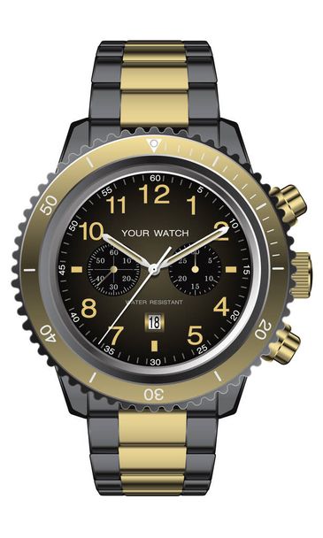 Relógio realista relógio cronógrafo de ouro design preto para homens de luxo no fundo branco vetor ilustração. - Vetor, Imagem