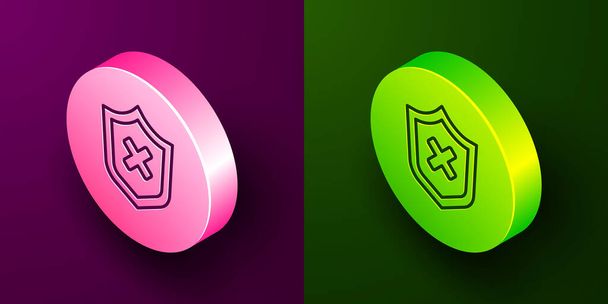 Izometrikus vonal Pajzs kereszt jel ikon elszigetelt lila és zöld háttér. Pajzs és elutasítva. Visszautasítás. Körgomb. Vektor. - Vektor, kép
