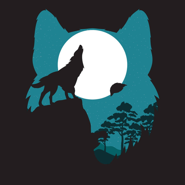 wolf howling wild fauna silhouette and moon scene - Vector, Image