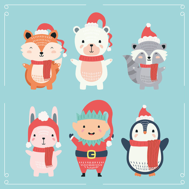 χαριτωμένο ζώο φορώντας χριστουγεννιάτικα ρούχα χαρακτήρες - Διάνυσμα, εικόνα