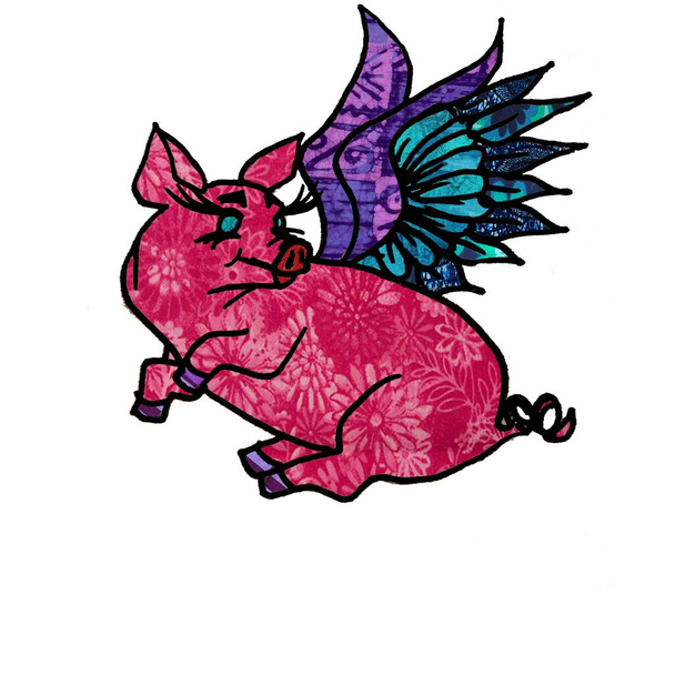Vaaleanpunainen kukka Tulosta Flying Pig suuri retro lahja sika ystäville. Suuri vauva suihku lahja, lastenhuone, lastenhuone sisustus.  - Valokuva, kuva