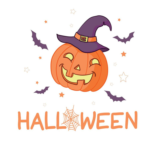 Cartoon halloween pumpkin wearing witch hat isolated - Vector, afbeelding