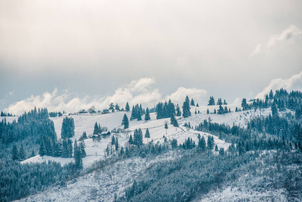 Újévi hó a hegyekben, gyönyörű kilátás nyílik a hegyekre és a fák ágaira és a téli levegőre - Fotó, kép