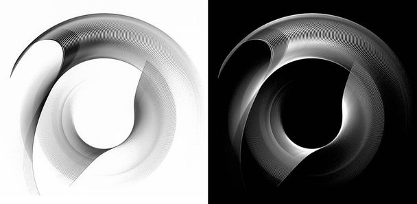 A fekete-fehér monokróm hullámos, lekerekített forgó elemek fekete-fehér háttérrel rendelkeznek. Grafikus tervezési elemek beállítva. 3D-s renderelés. 3D illusztráció. Logó, ikon, jel, szimbólum. - Fotó, kép