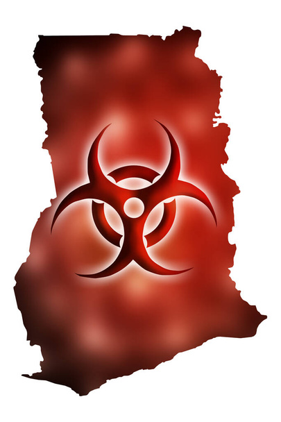 Biohazard-Schild vor dem Hintergrund einer Konturkarte von Ghana mit rotem Leuchten. Das Konzept eines neuen Ausbruchs von Krankheiten und Epidemien in der Republik Ghana - Foto, Bild
