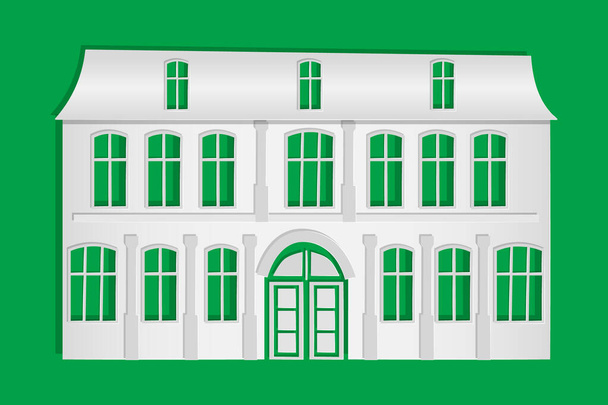 Casa de papel aislada sobre fondo verde. Edificio de la ciudad de Origami con ventanas y puerta. Cottage exterior de papel blanco arte de corte y diseño de estilo artesanal. Para pancarta, póster, tarjeta. Stock vector ilustración - Vector, imagen