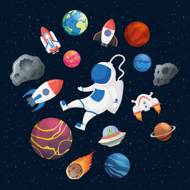 astronauta con icone set spazio - Vettoriali, immagini