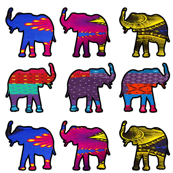 Jasny i kolorowy odcisk słonia afrykańskiego retro. Wielki prezent dla miłośników sztuki vintage i słonia.  - Zdjęcie, obraz