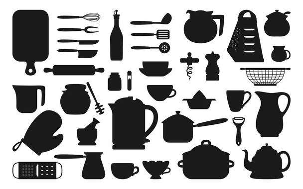 Kitchen tool black silhouette set modern cooking - Vector, Image