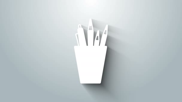 White Pencil case briefpapier pictogram geïsoleerd op grijze achtergrond. Potlood, pen, liniaal in een glas voor kantoor. 4K Video motion grafische animatie - Video