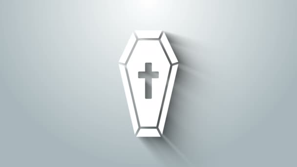 Білий Коффін з іконою християнського хреста ізольований на сірому тлі. Веселого Хелловін. 4K Відеографічна анімація - Кадри, відео