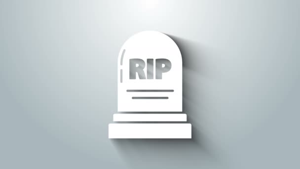 Lápida blanca con RIP escrito en él icono aislado sobre fondo gris. Icono de tumba. Animación gráfica de vídeo 4K - Imágenes, Vídeo
