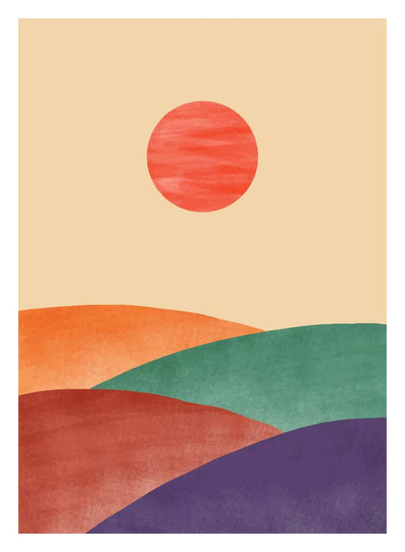 conjunto de ilustraciones creativas minimalistas pintadas a mano de mediados de siglo moderno. Fondo natural abstracto del paisaje. montaña, bosque, mar, cielo, sol y río - Vector, imagen