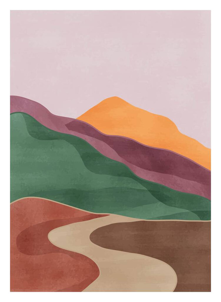Estampado minimalista moderno de mediados de siglo. Fondos estéticos contemporáneos abstractos paisajes con río, mar, bosque, montañas. ilustraciones vectoriales - Vector, Imagen