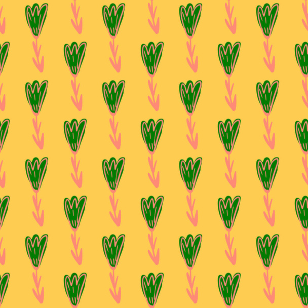 Bright summer seamless doodle pattern with green and pink colored tulip print. Yellow background. Graphic design for wrapping paper and fabric textures. Vector Illustration. - Διάνυσμα, εικόνα