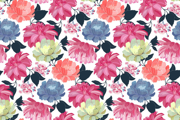 Vector floral seamless pattern. Pink, blue, yellow, coral color flowers. - ベクター画像