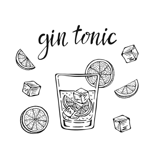 Gin tonic classic cocktail hand drawn vector illustration. Glass with ice and a slice of lime, for cocktail cards. Homemade gin tonic lettering, isolated vector illustration. - Vector, Image