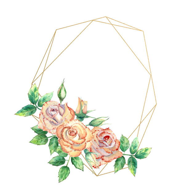 Gold geometric frame decorated with flowers. Peach roses, green leaves, open and closed flowers. Watercolor illustration - 写真・画像