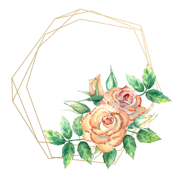 Arany geometrikus keret díszített virágok. Barack rózsák, zöld levelek, nyitott és zárt virágok. Akvarell illusztráció - Fotó, kép