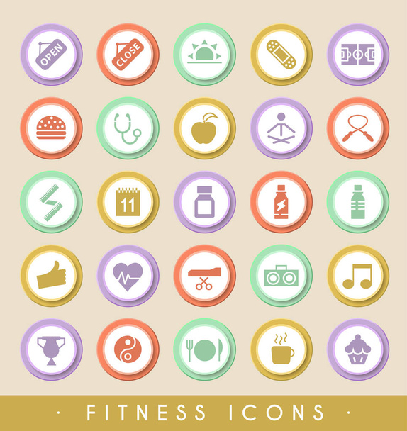 Set of Fitness Icons on Circular Colored Buttons. Vector Isolated Elements - Vektor, obrázek