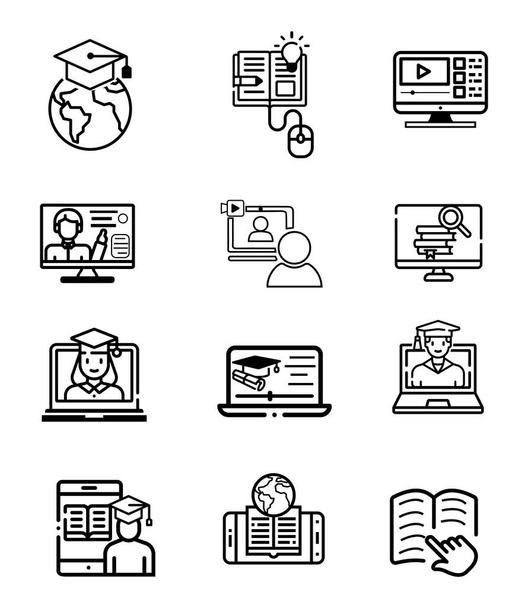 Vector illustratie online school en het hoger onderwijs pictogrammen in zwarte omtrek stijl, waaronder diploma en briefpapier objecten.Gebruik voor website en brochure. - Vector, afbeelding