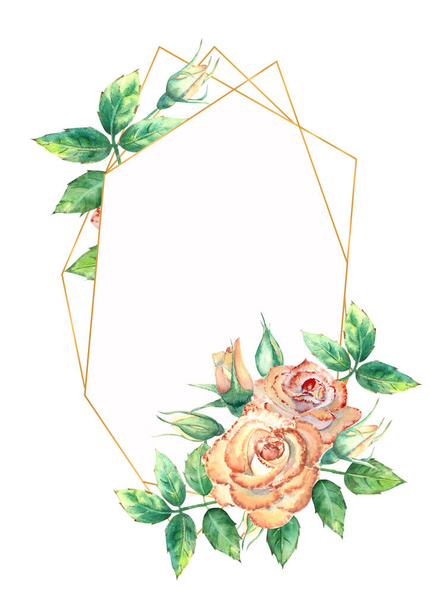 Cadre géométrique doré orné de fleurs. Roses pêche, feuilles vertes, fleurs ouvertes et fermées. Illustration aquarelle - Photo, image