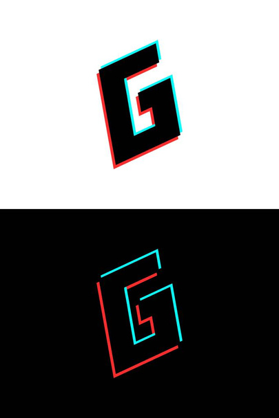G letter lettertype gemaakt van glitch, stereo-effect. Dynamische, gesplitste rode en blauwe kleur. Voor dj-logo, elektromuziekposters, helder logo en meer. Vectorillustratie - Vector, afbeelding