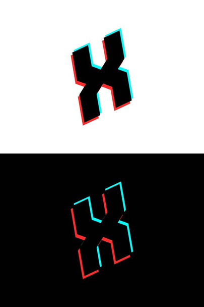グリッチ、ステレオエフェクトで作られたX文字フォント。ダイナミック、分割赤と青の色。DJロゴ、エレクトロミュージックポスター、明るいロゴなどのために。ベクターイラスト - ベクター画像