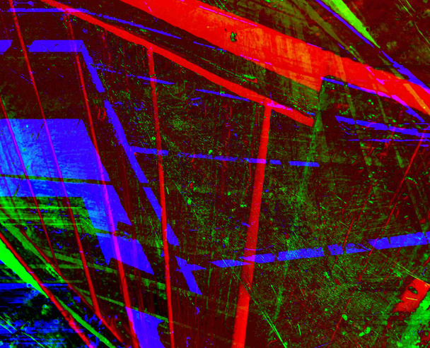 Fondo abstracto en rojo, verde y azul, con un ritmo espectacular e inserciones. Imagen surrealista en un estilo moderno. Para sus fondos de pantalla, proyectos de arte y obras - Foto, imagen