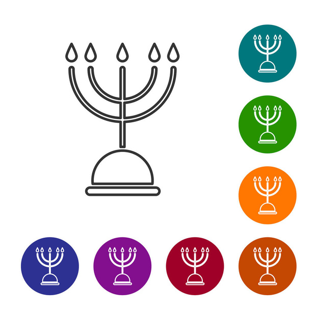 Linea nera Hanukkah icona menorah isolato su sfondo bianco. Hanukkah simbolo tradizionale. Religione festiva, festa ebraica delle Luci. Imposta le icone nei pulsanti del cerchio dei colori. Illustrazione vettoriale. - Vettoriali, immagini