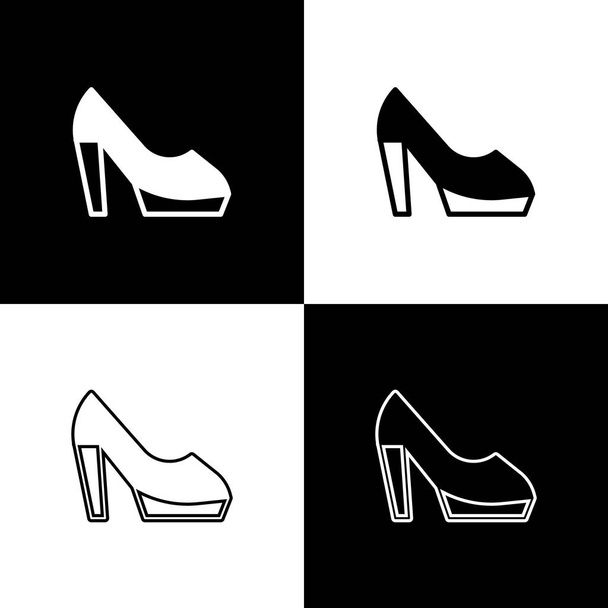 Set Mulher sapato com ícone de salto alto isolado no fundo preto e branco. Vetor. - Vetor, Imagem