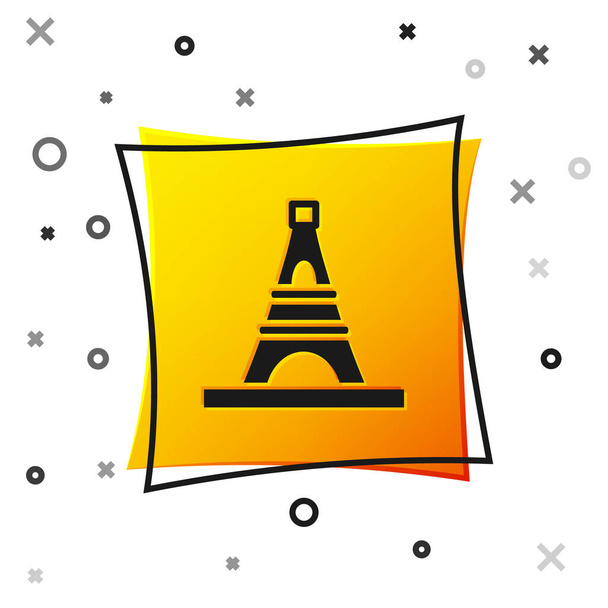 Fekete Eiffel torony ikon elszigetelt fehér háttérrel. Franciaország Párizs mérföldkő szimbóluma. Sárga négyzet gomb. Vektor. - Vektor, kép