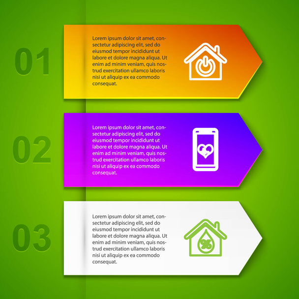 Set line Smart home, Mobile with heart rate, House humidity and under protection. Business infographic template. Vector. - Διάνυσμα, εικόνα