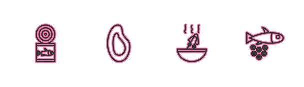 Set line konzervované ryby, polévka s chobotnicí, slávka a ryby kaviár ikona. Vektor - Vektor, obrázek