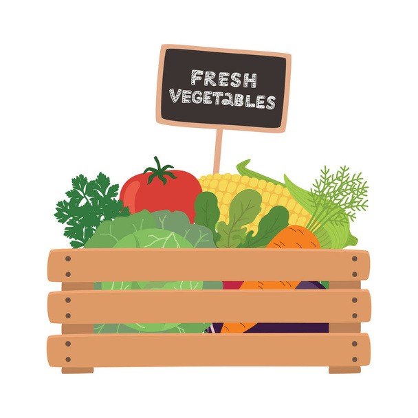 Fresh vegetables a wooden box. Vector illustration. - Vecteur, image