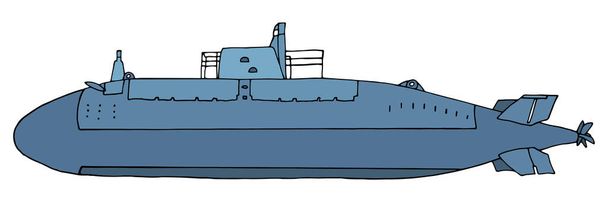 Bellissimo sottomarino militare, disegno a mano. Nave subacquea blu isolata su fondo bianco, vista laterale. Illustrazione vettoriale. - Vettoriali, immagini