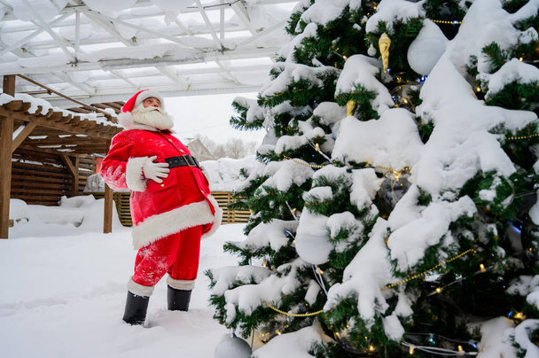 Portrait of santa claus by the christmas tree outdoors - Foto, Imagem
