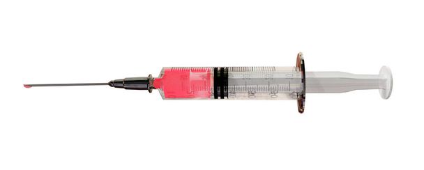 Впрыск вакцины боковой вид красной капли изолированы для Cavid-19 коронавируса фон белый - 3d рендеринга - Фото, изображение