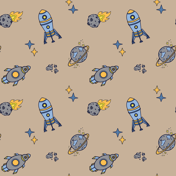 Zeichentrickmuster mit Leerzeichen. Muster mit Raketen und Sternen - Foto, Bild