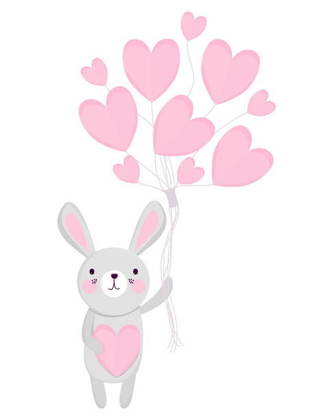 Lindo conejo escandinavo dibujado a mano sosteniendo globos rosados en forma de corazón. Ilustración simple vector de estilo plano para el día de San Valentín, Pascua. Clip art romántico infantil animal carácter. - Vector, Imagen