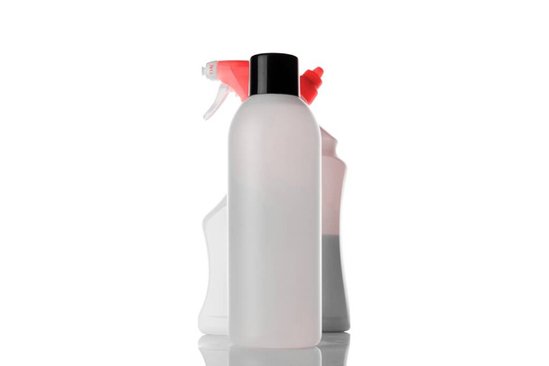 Spray bottle, empty pump clear plastic container cosmetic soap set and mineral shampoo. Antiseptic gel isolated in water blank cap on white background. Antibacterial sanitizer tube. - Photo, Image