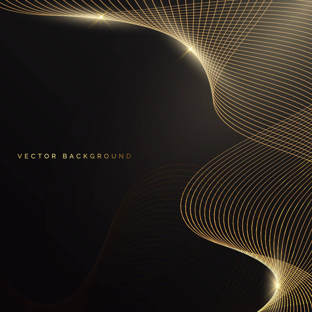 Abstract shiny gold waves lines with light effect on black background Luxury concept. Vector illustration - Vektori, kuva
