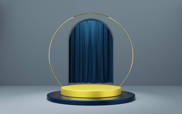 Empty yellow cylinder podium with gold border and blue curtain on gray arch background. Abstract minimal studio 3d geometric shape object. Mockup space for display of product design. 3d rendering. - Photo, image